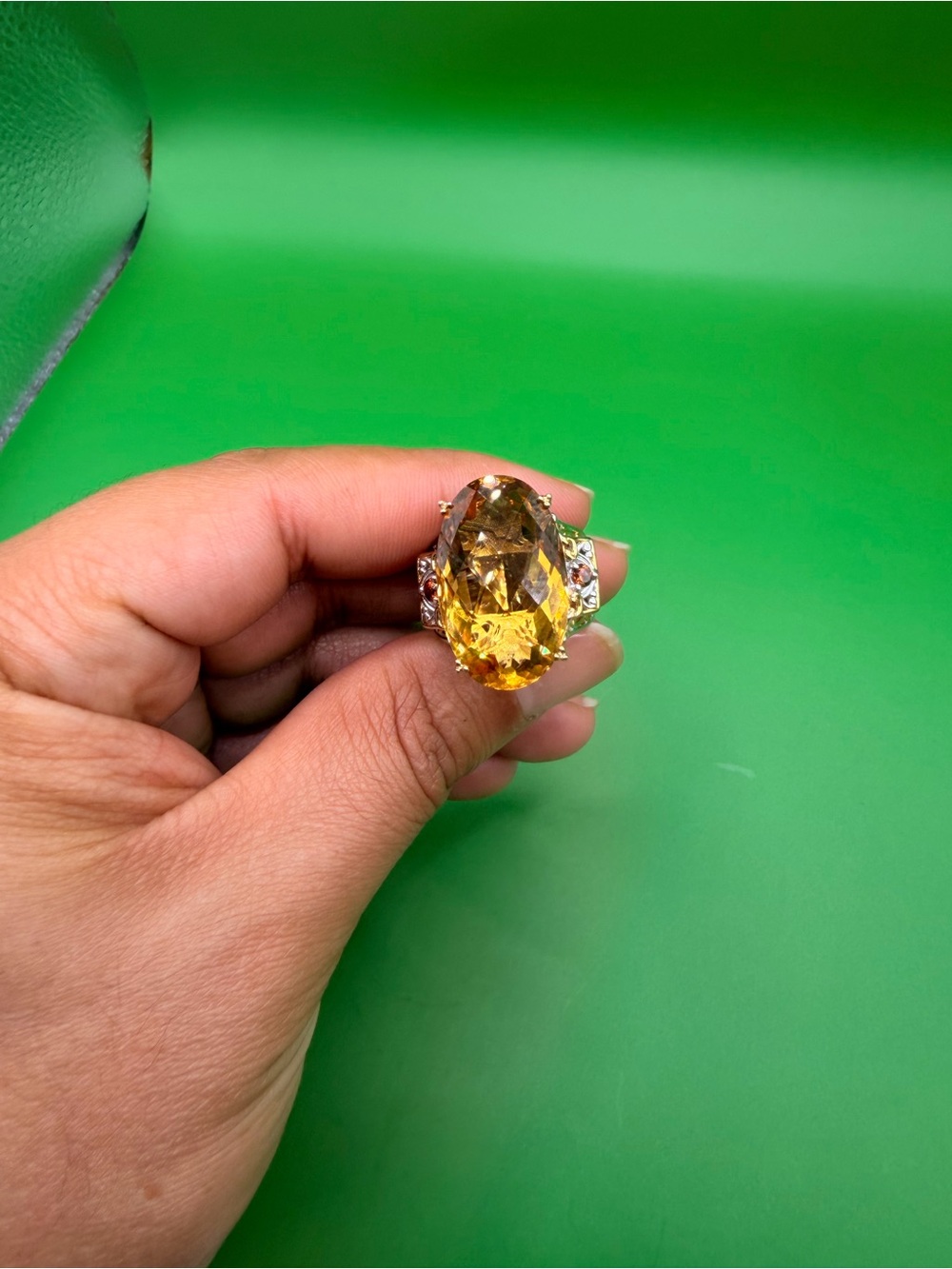 925 Sterling Huge Yellow Citrine & Small mandarins  Citrine Ring Size 10.